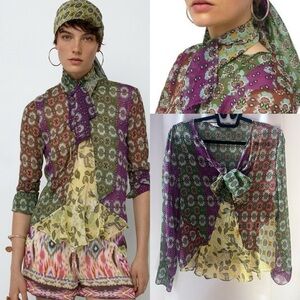 ZARA Womens Studio Zodiac Printed Sheer Shirt Long Sleeve Tie Beads Sz L